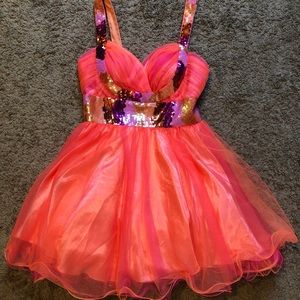 Jasz Couture Orange & Pink Sequin Homecoming Dress
